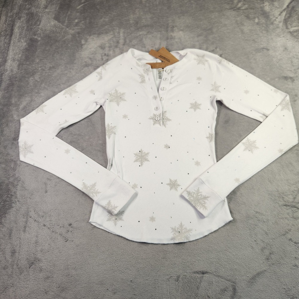 New SKIMS Logo Plush Pointelle Henley Top XXS Rhinestone Snowflake $110 White